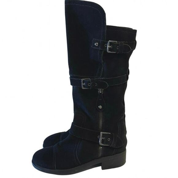 MOJO MOXY black suede buckle zip moto boots Y2K high low knee stud women's 9 - Picture 13 of 13